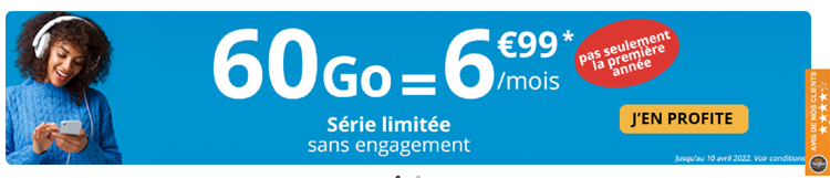 Auchan Telecom propose un forfait en série limitée 60 Go à 6,99 € jusqu'au 10 avril
