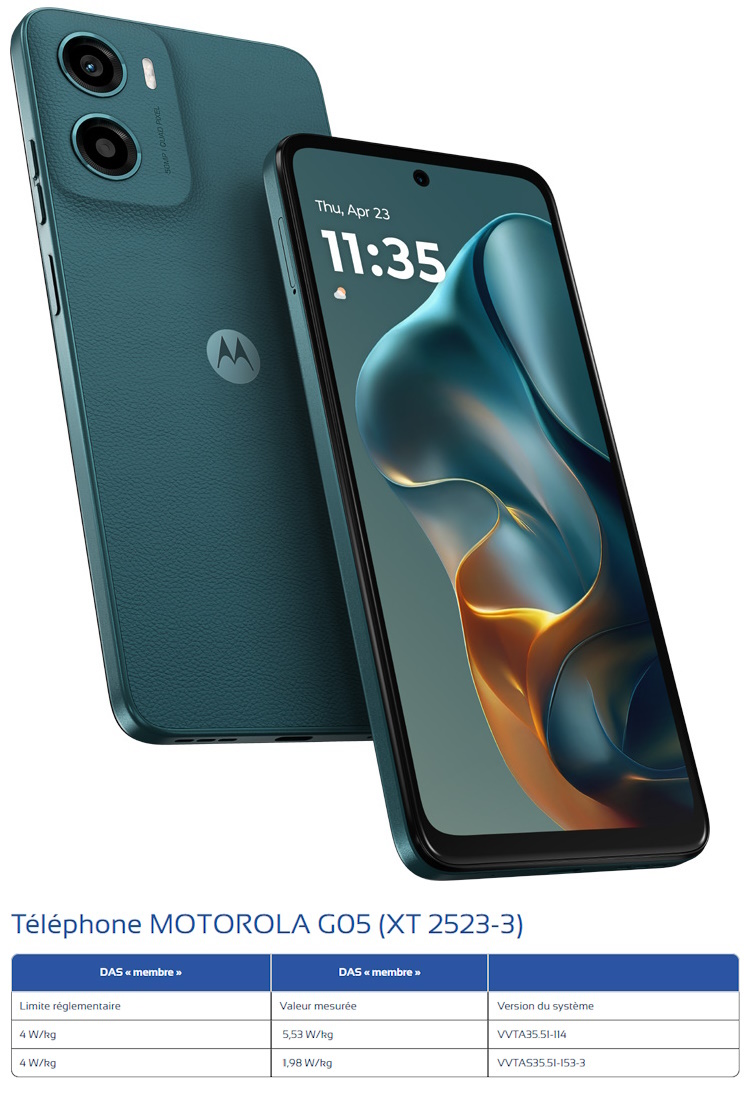 Motorola rattrapé par l'ANFR : son G05 dépassait la limite réglementaire Motorola rattrapé par l'ANFR : son G05 dépassait la limite réglementaire