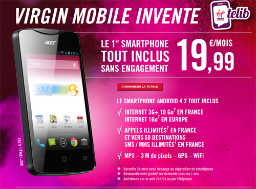 Virgin Mobile dévoile une offre illimitée sans engagement avec un smartphone pour 19.99 € par mois Virgin Mobile dévoile une offre illimitée sans engagement avec un smartphone pour 19.99 € par mois